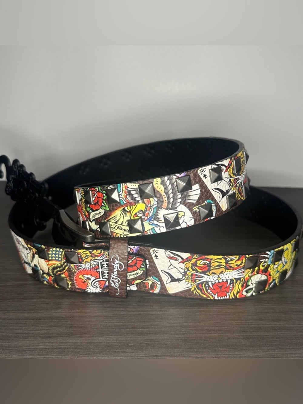 Ed Hardy belt brown Multicolor Tattoo-Print pyramid Studded Belt